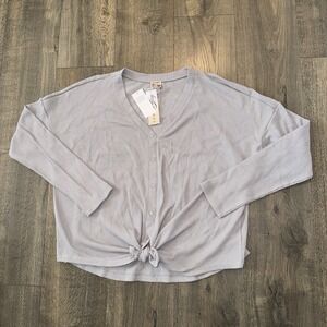 Como Vintage Women's L Tie Front Thermal Waffle Knit Shirt Gray Cozy Long Sleeve
